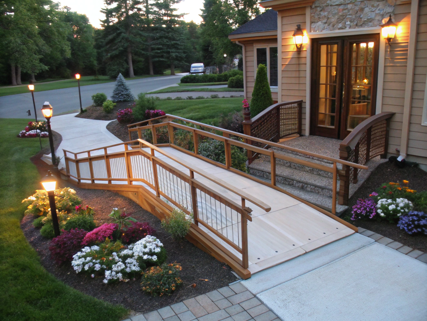 Reassuring accessible home entrance with warm interior lighting