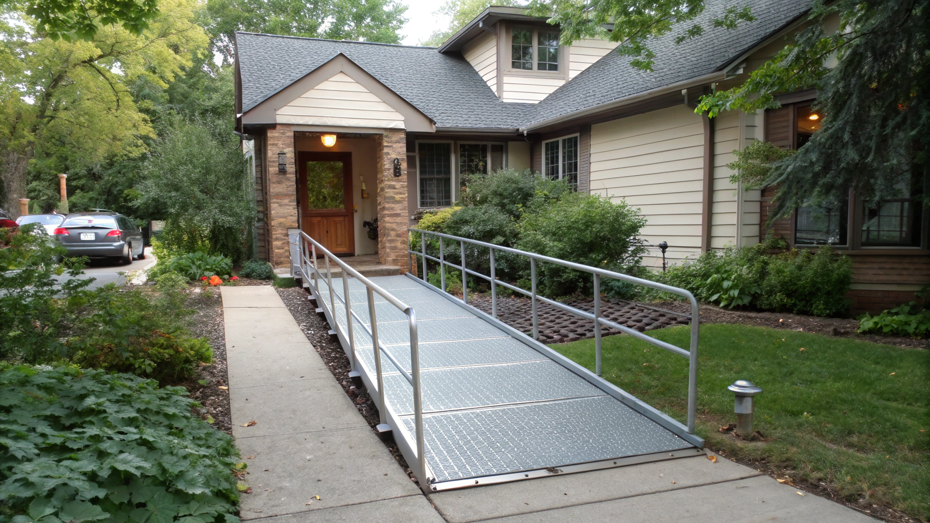 A metal wheelchair ramp with railings leading from a concrete walkway to a house's front entrance