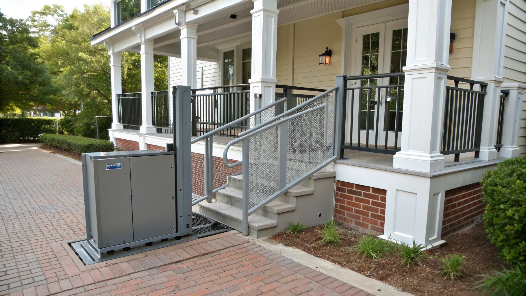 A motorized porch lift beside the front steps and brick foundation of a house