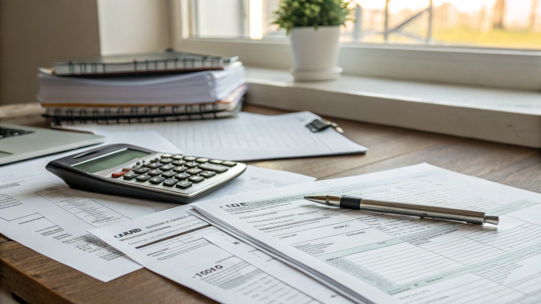 A calculator, pen and paperwork on a wooden desk beside a laptop and notebooks