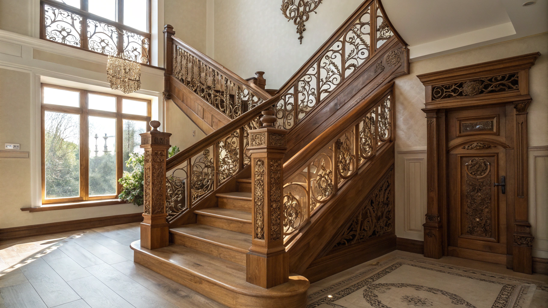 Wooden staircase with ornate railings beside a large window in a bright entrance hall