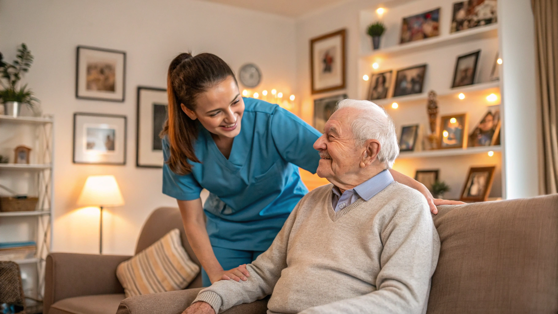 A smiling caregiver in blue scrubs stands beside an elderly man sitting on a living room sofa