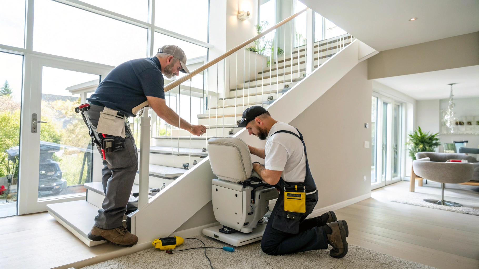 Two technicians in work uniforms installing a stairlift on a modern indoor staircase