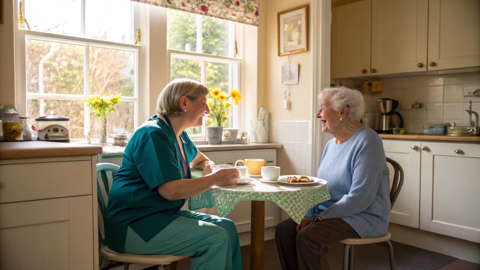 A caregiver in teal scrubs and an elderly woman smile at each other at a sunlit kitchen table