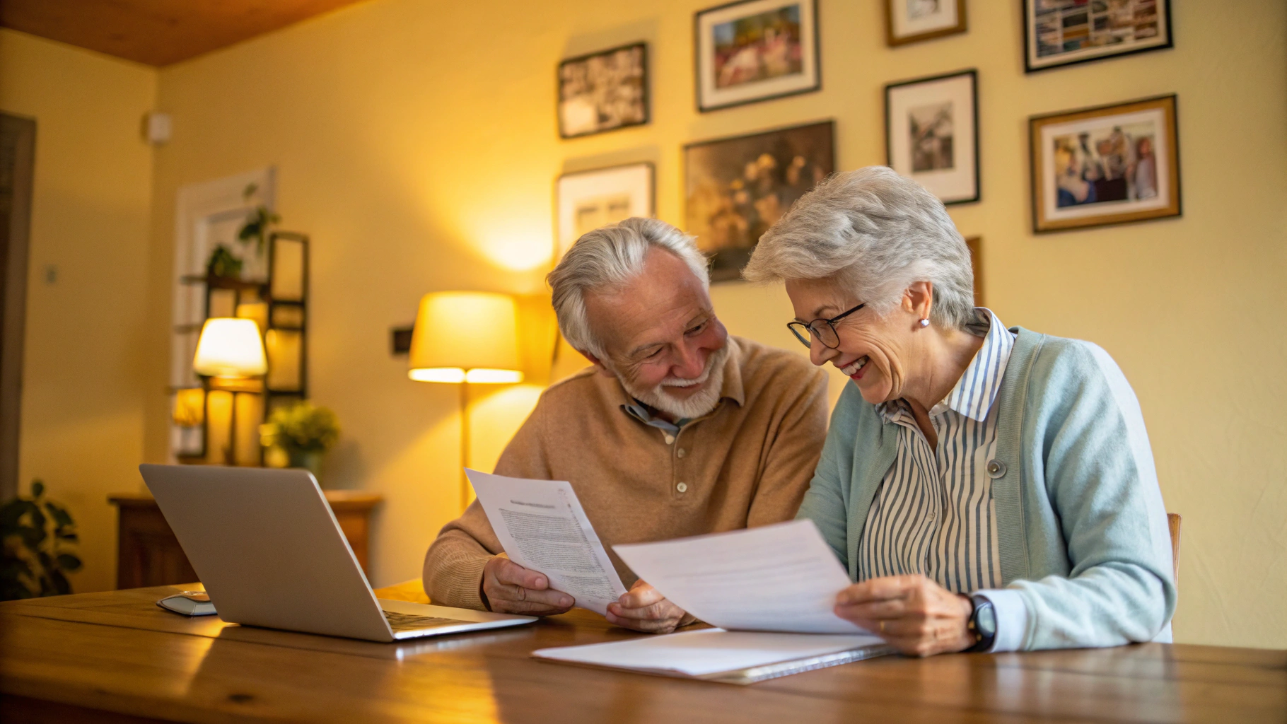 An elderly couple sit smiling at a wooden table with papers and an open laptop