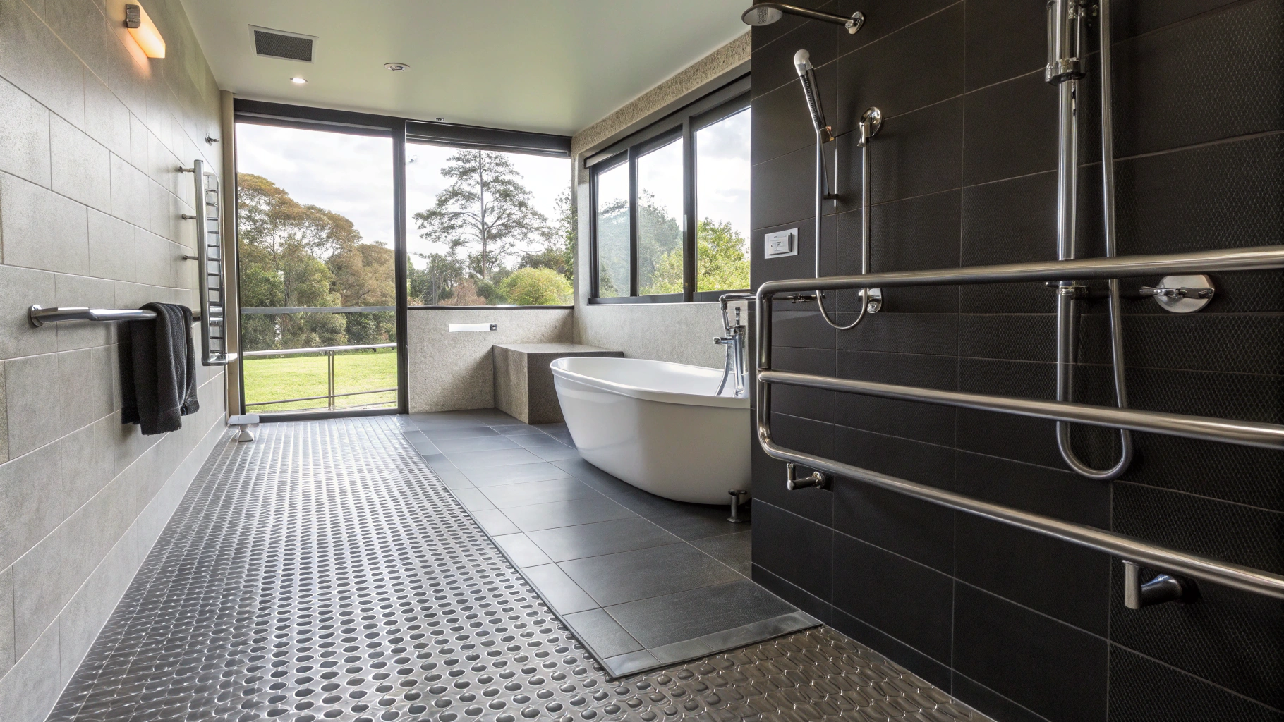 Modern bathroom with an accessible shower area, freestanding bathtub and large windows
