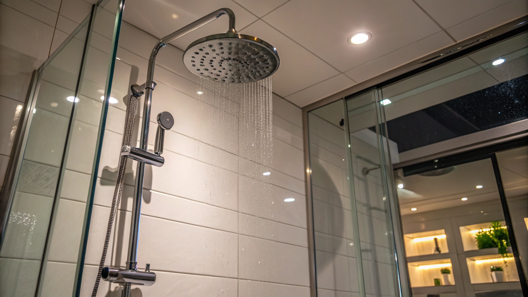 Water spraying from a round chrome rainfall shower head in a modern tiled bathroom