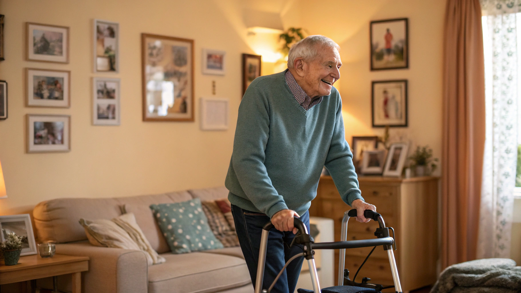 A smiling senior man walking through a cozy living room with a wheeled walker