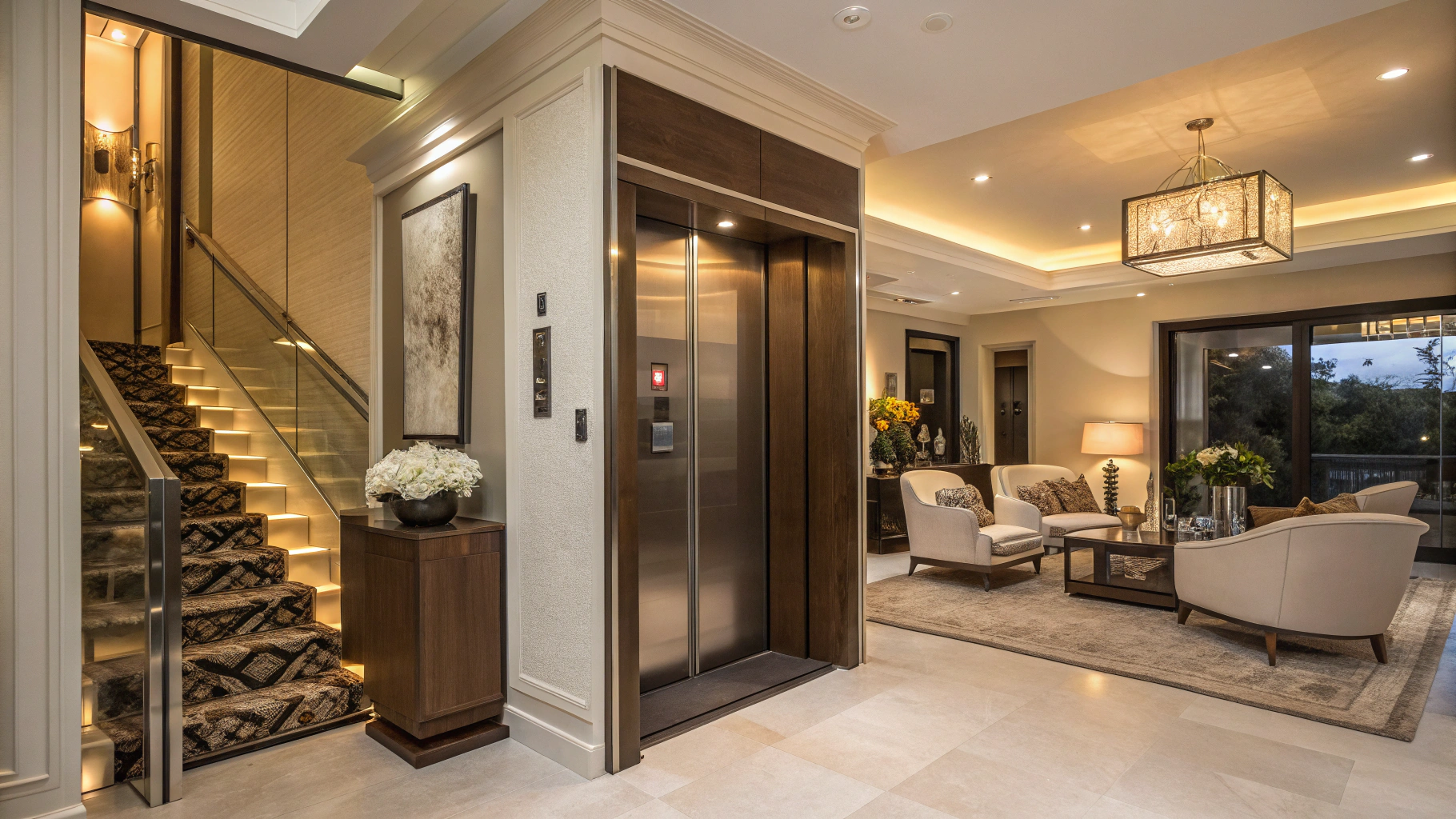 A home elevator between a lit staircase and an elegant living room with armchairs