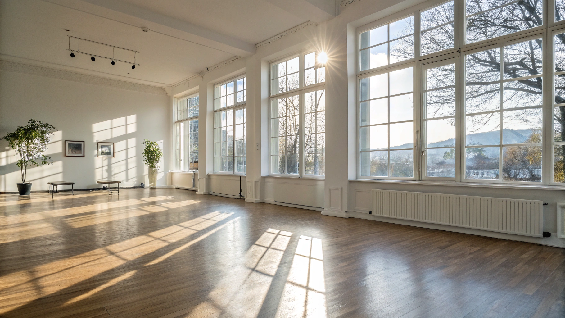 Sunlit empty bedroom-style room with polished wooden floors, white walls and large windows