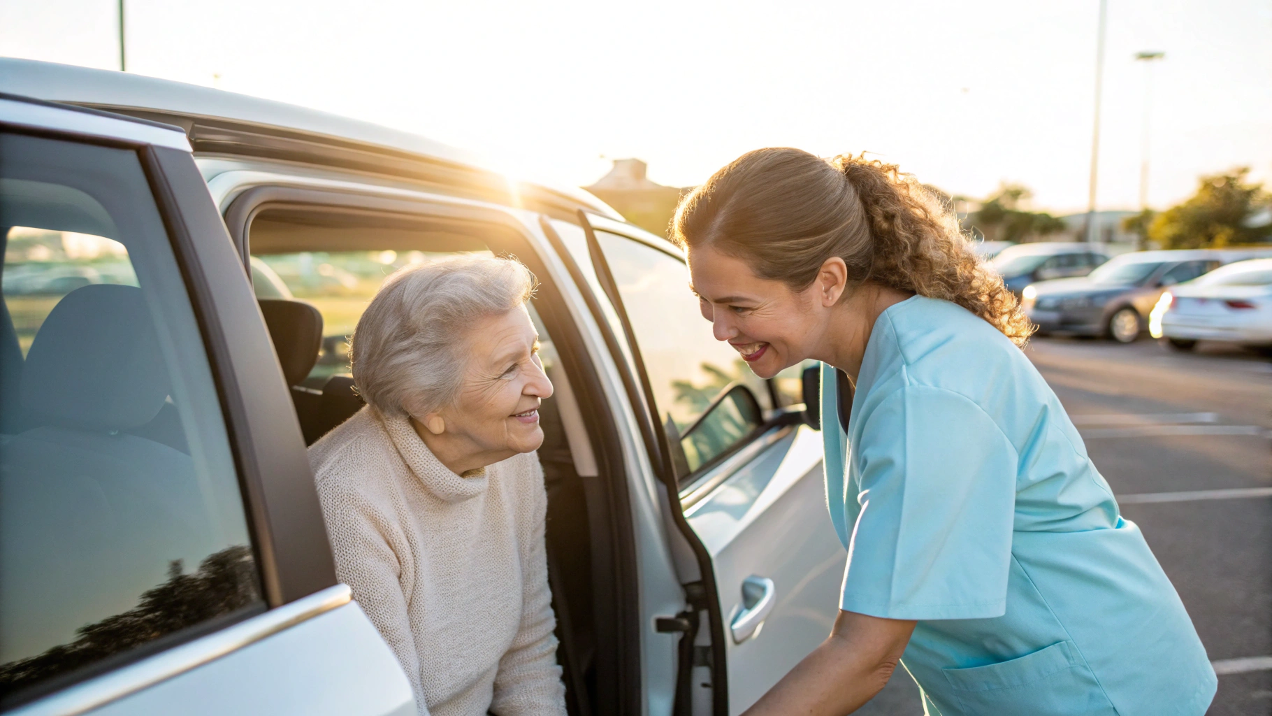 A caregiver in light blue scrubs helps an elderly woman out of a white car in a sunny parking lot
