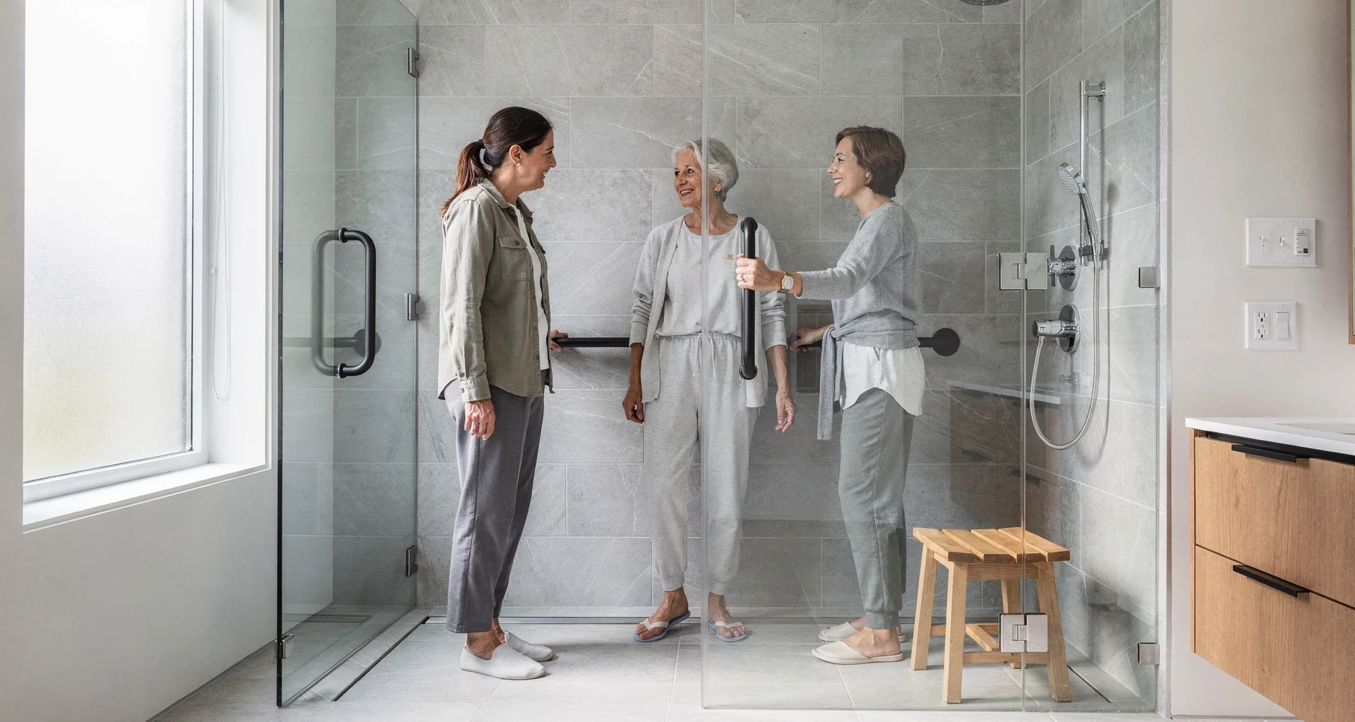 Two women help an elderly woman stand in a walk-in shower with grab bars and a wooden stool