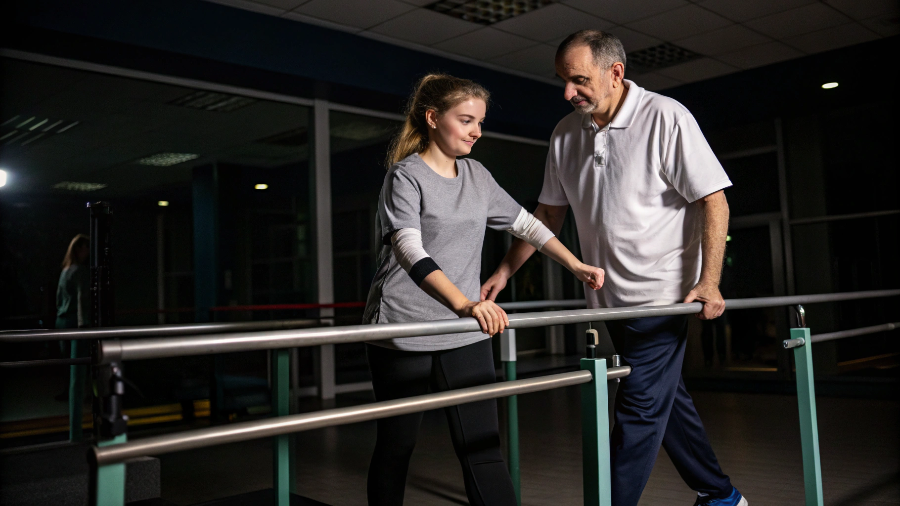 A physical therapist helps an older man walk between parallel support bars in a clinic
