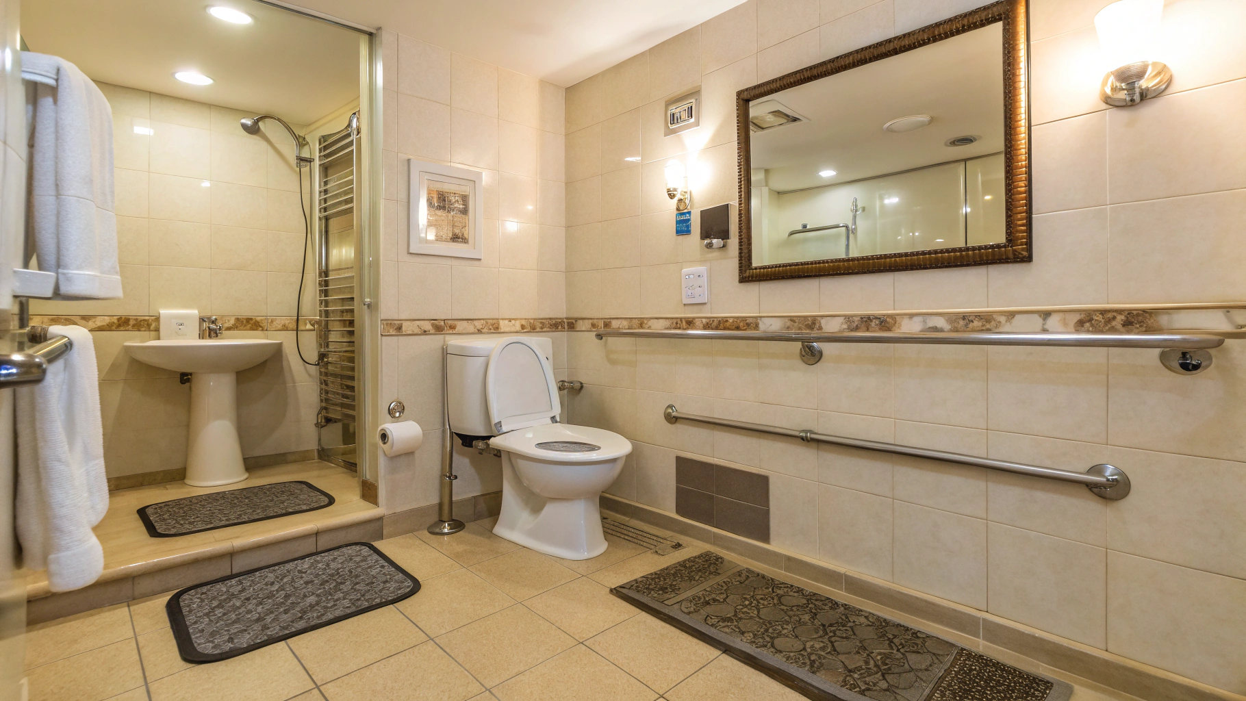 Accessible bathroom with a toilet, grab bars, framed mirror and a shower beside a pedestal sink