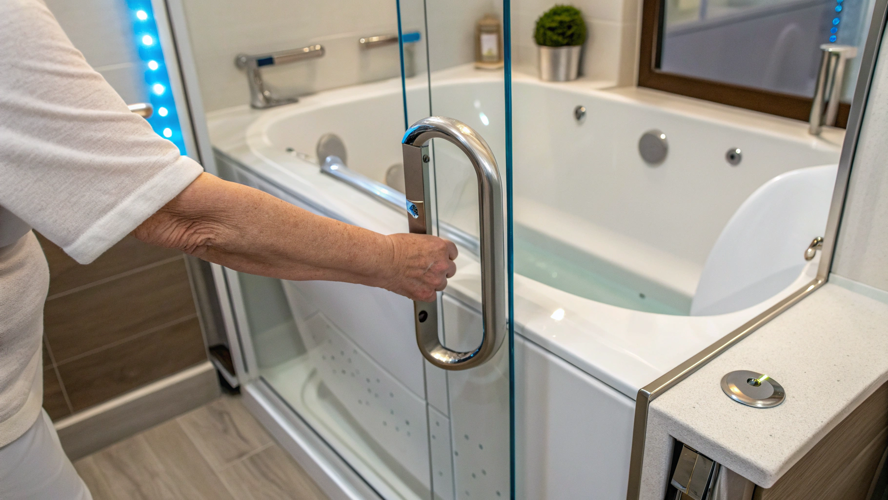 An older person opens the glass door of a white accessible walk-in bathtub