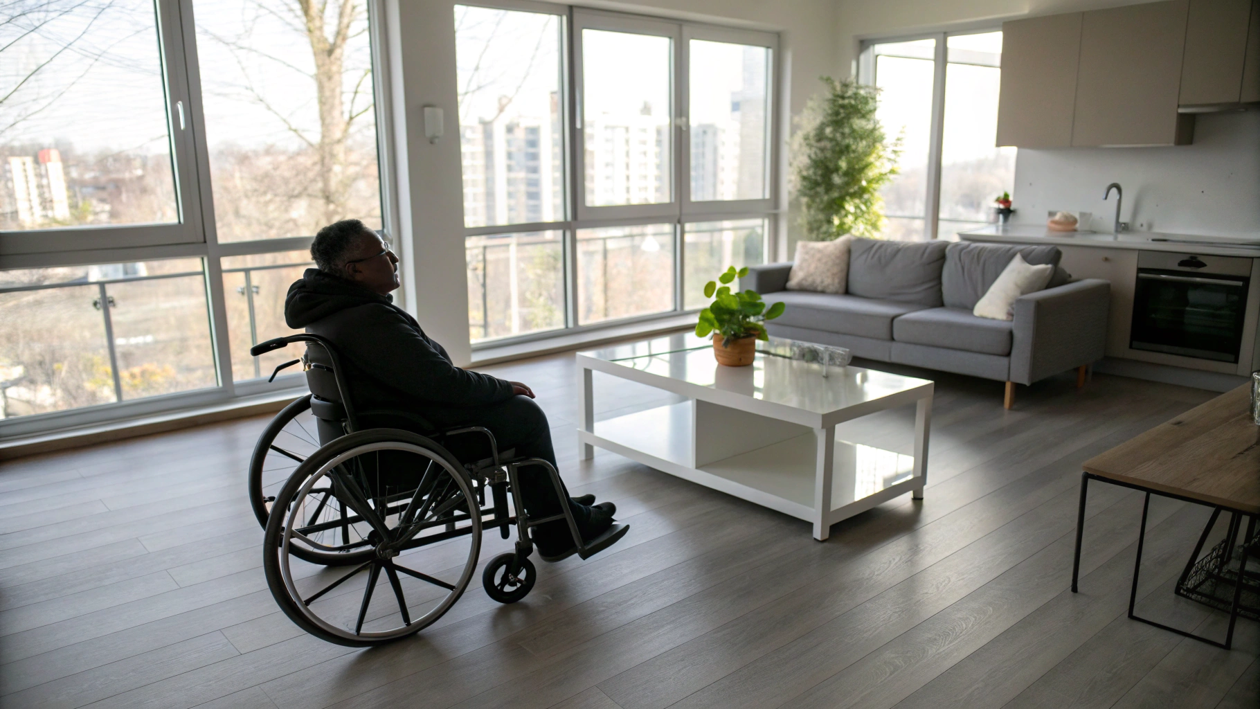 A person in a wheelchair looking out large windows in a bright, modern living room