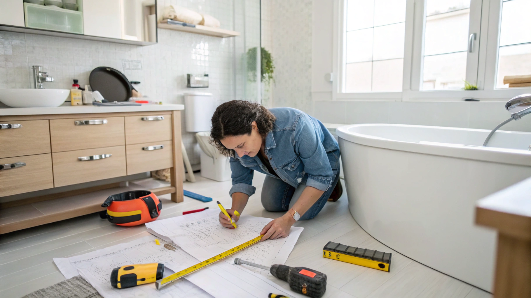 A woman kneeling on a bathroom floor reviewing plans with a measuring tape and tools