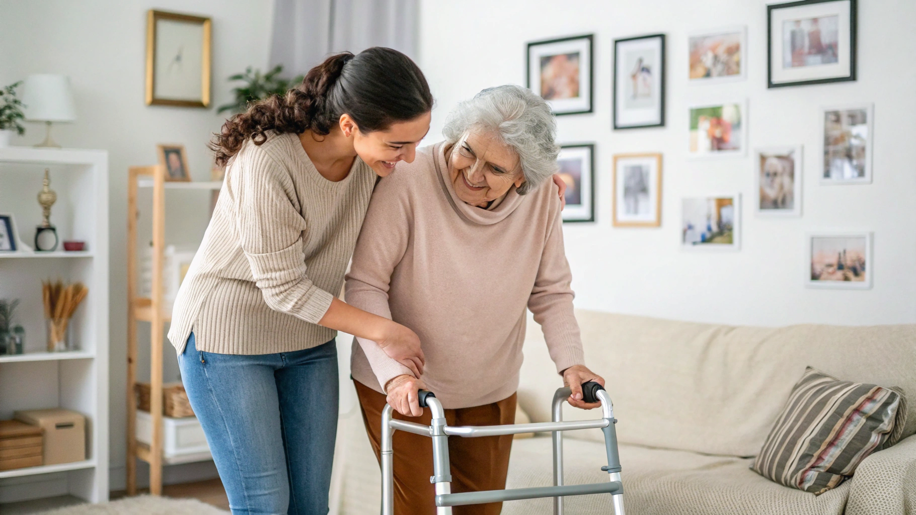 A young woman helps an elderly woman walk with a mobility walker in a bright living room