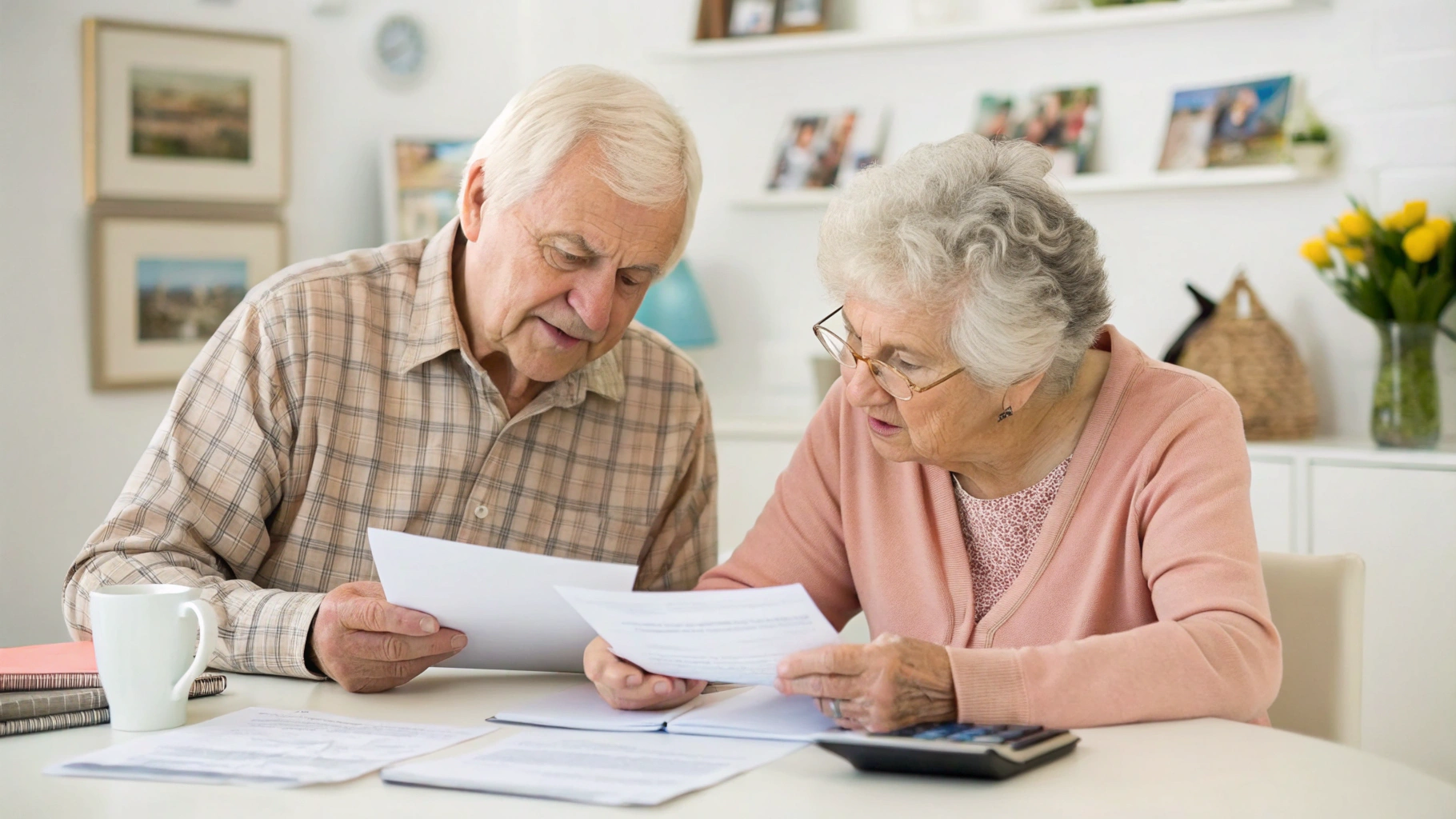 An elderly couple at a table reviewing paperwork and a calculator in a bright room