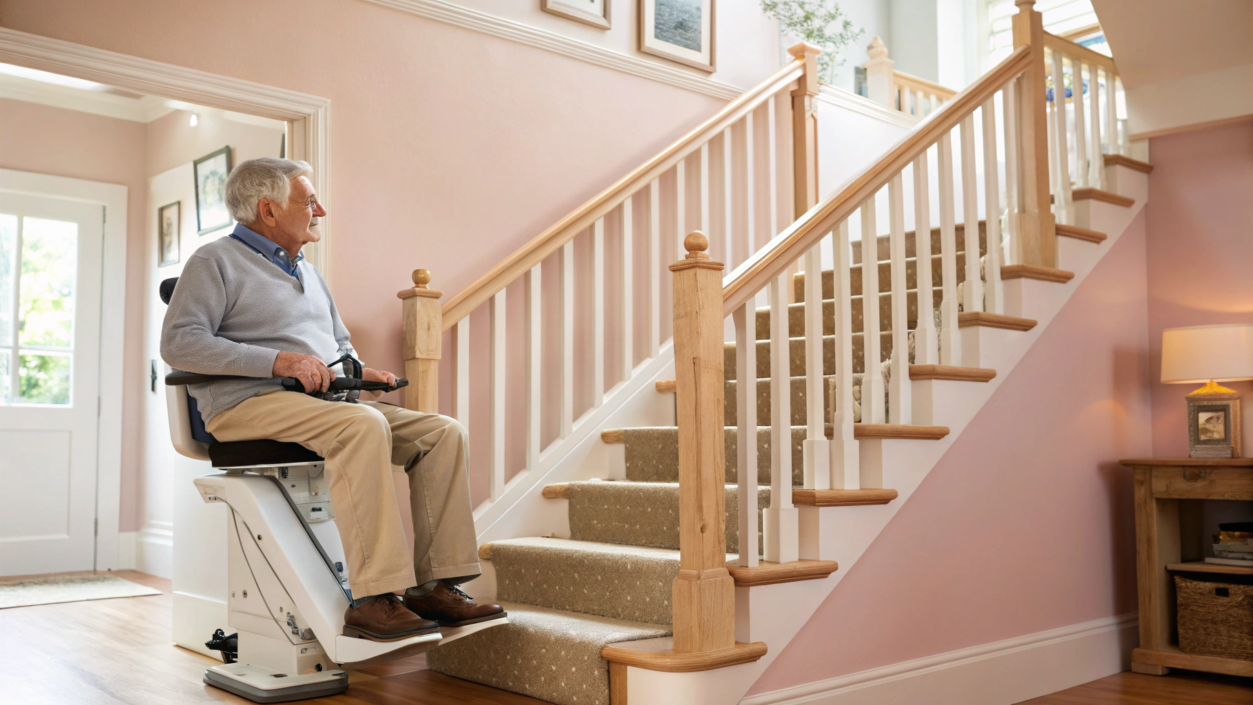 An elderly man sits on a stairlift installed along a wooden staircase inside a home