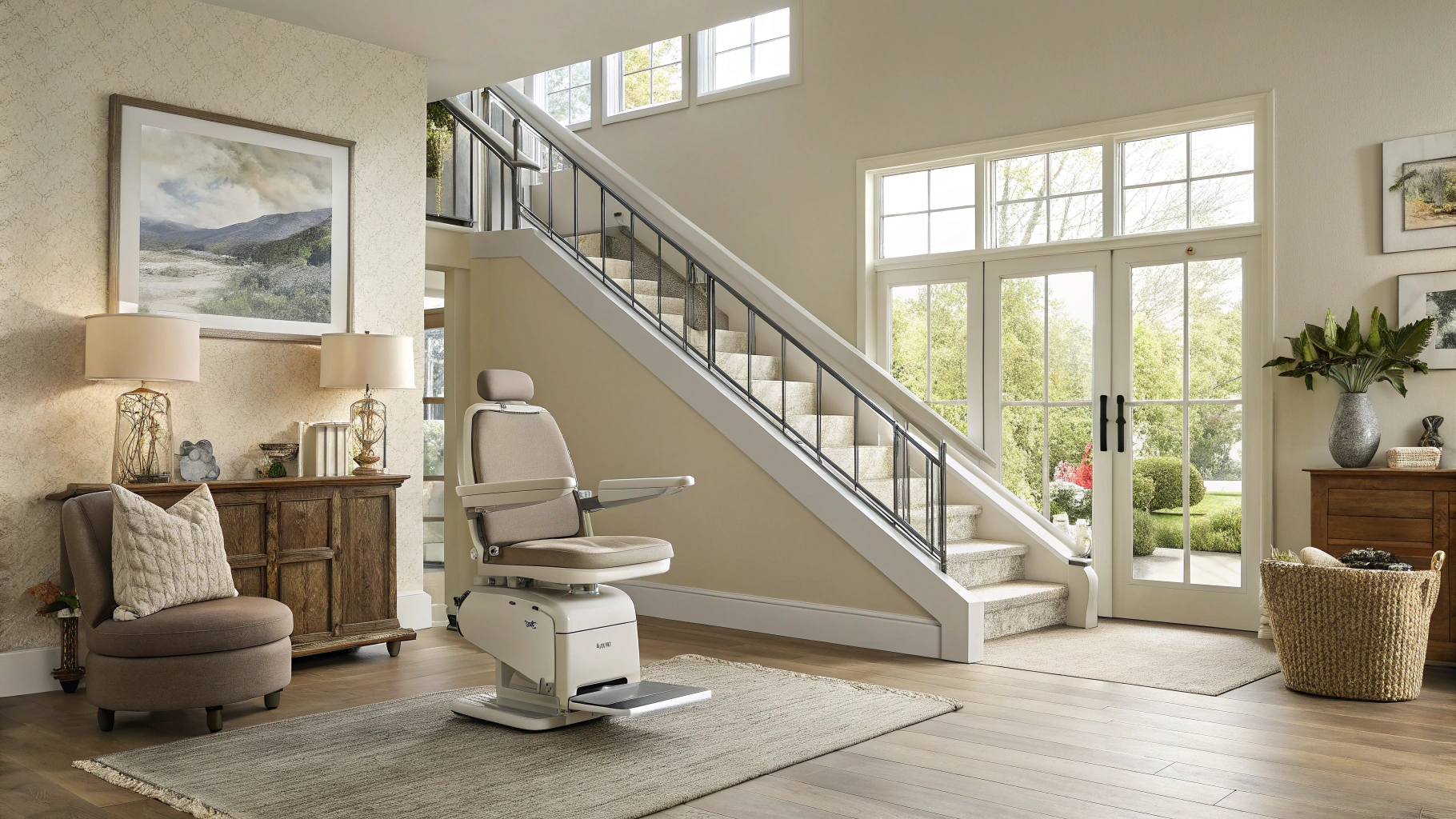 A stairlift chair on a rug in a bright entryway beside a carpeted staircase