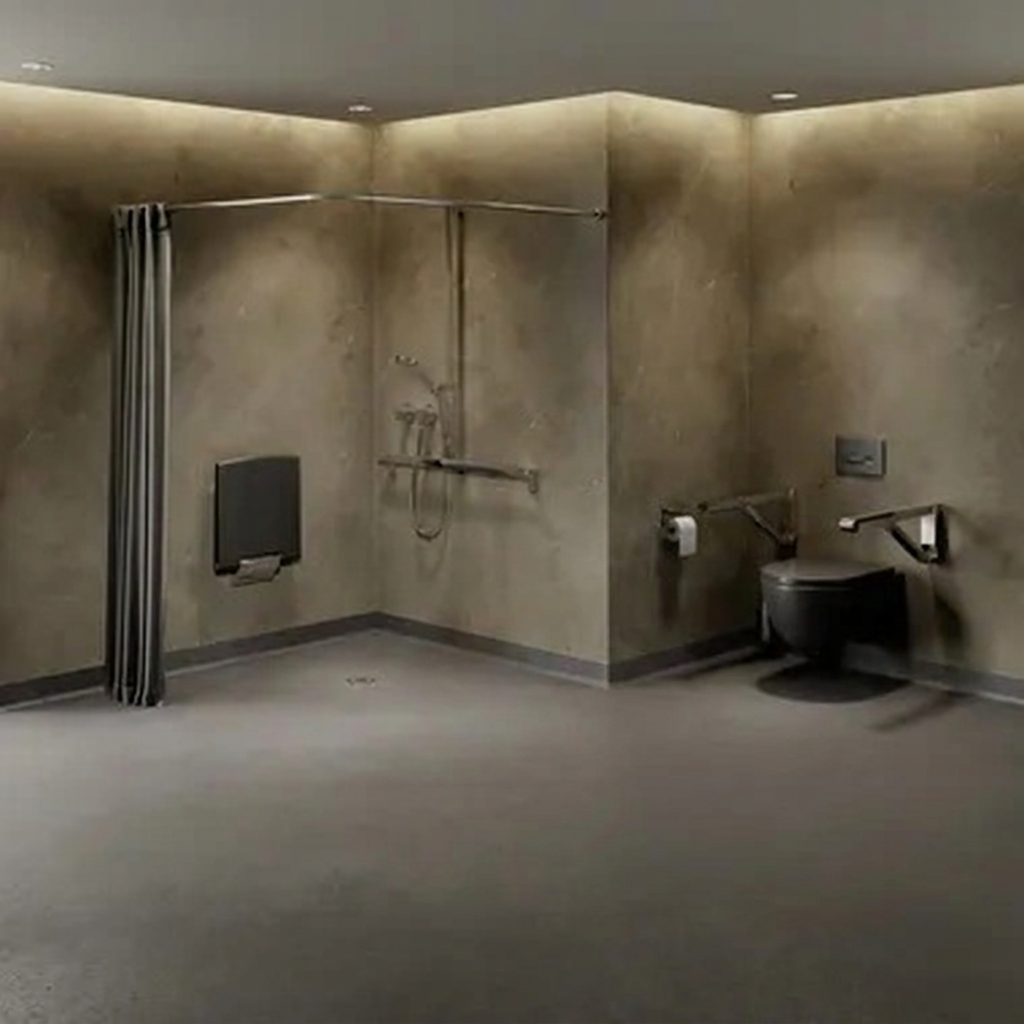 Accessible tiled shower with fold-down seat and grab bars