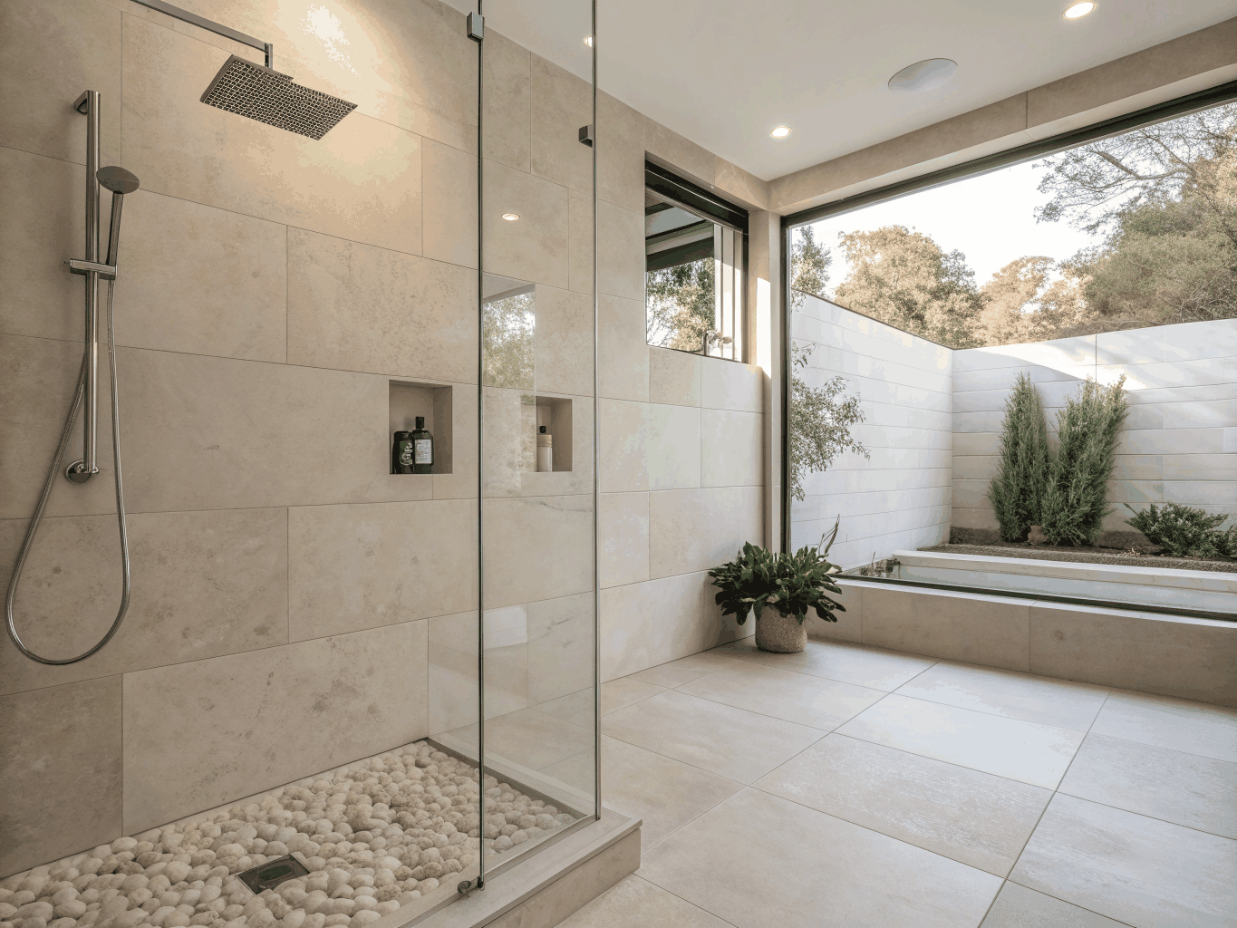 Modern tiled bathroom with a glass walk-in shower, pebble flooring and a large window overlooking a garden